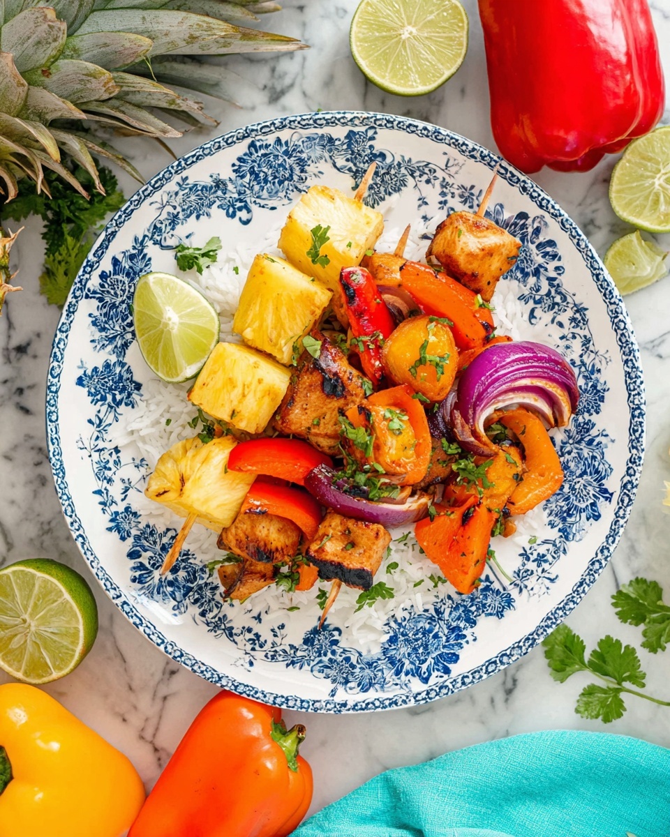 A white plate with blue floral designs holds a dish starting with a base of white rice. On top of the rice, there are chunks of orange and red bell peppers, grilled golden brown pieces of chicken, yellow pineapple cubes with grill marks, and slices of purple onion. A lime wedge is placed on the left edge of the plate, and scattered small green herb leaves add contrast. The plate sits on a white marbled surface beside a whole pineapple crown, a cut lime, a turquoise cloth, some cilantro leaves, and whole red, yellow, and orange bell peppers. Part of another white plate with blue rim and chicken skewers is visible in the background. Photo taken with an iphone --ar 4:5 --v 7