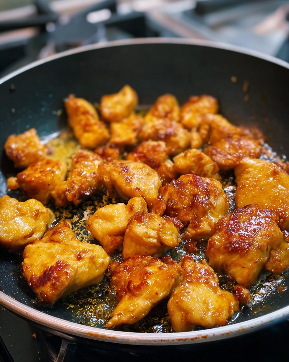 In a black frying pan, small to medium pieces of cooked chicken are spread out evenly. The chicken pieces are golden brown with some darker brown spots, showing they are well-cooked and slightly crispy on the edges. The texture of the chicken looks tender and juicy with a light shine from the cooking oil. The background shows part of the stove in soft focus, and the overall setting suggests the chicken is being cooked or just finished cooking. Photo taken with an iphone --ar 4:5 --v 7