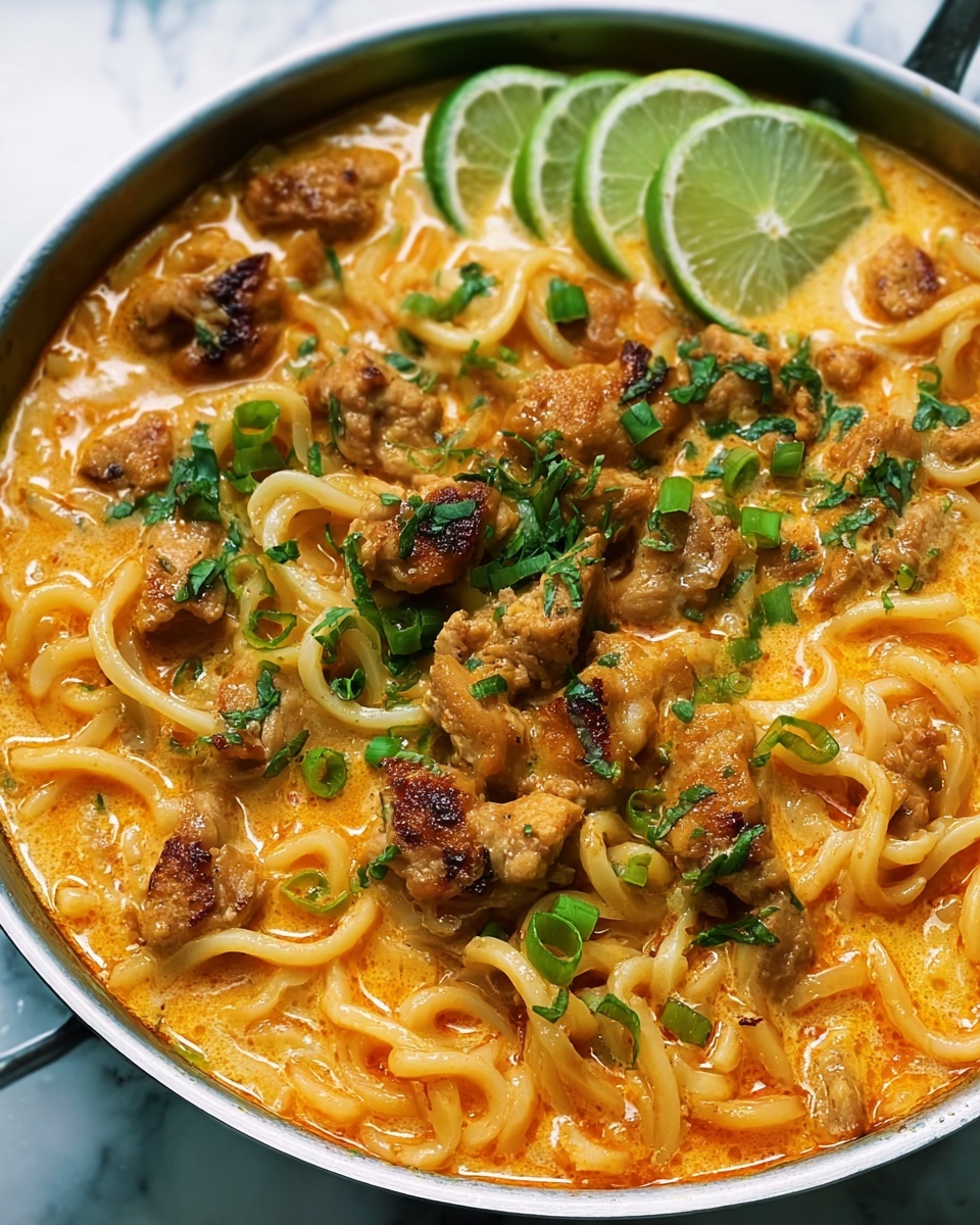 This image shows a bowl filled with thick yellow-orange broth noodles. The soup has thick white noodles mixed with brown cooked pieces of meat scattered inside. There are some green herbs sprinkled over the top. A woman's hand is holding a utensil lifting up a bunch of noodles from the bowl. The bowl is white, and in the background, there are slices of lime resting on the edge of the bowl on a white marbled surface. Photo taken with an iphone --ar 4:5 --v 7