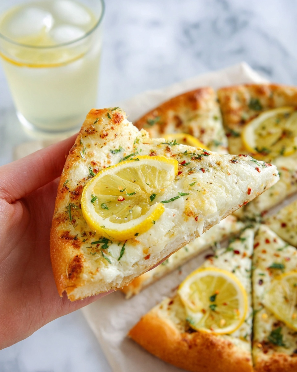 A close-up image shows a single slice of lemon herb pizza held by a woman's hand. The pizza slice has three main layers: a thick, golden-brown crust at the bottom with a soft texture; a smooth, creamy white cheese layer topped with herbs and small green and red seasoning flecks; and a thin, translucent lemon slice with visible segments placed on top near the center. In the background on a white marbled surface, the rest of the pizza is visible, cut into slices, with similar lemon slices and herbs decorating each piece. A glass filled with ice cubes and a light yellow beverage is also slightly visible. photo taken with an iphone --ar 4:5 --v 7