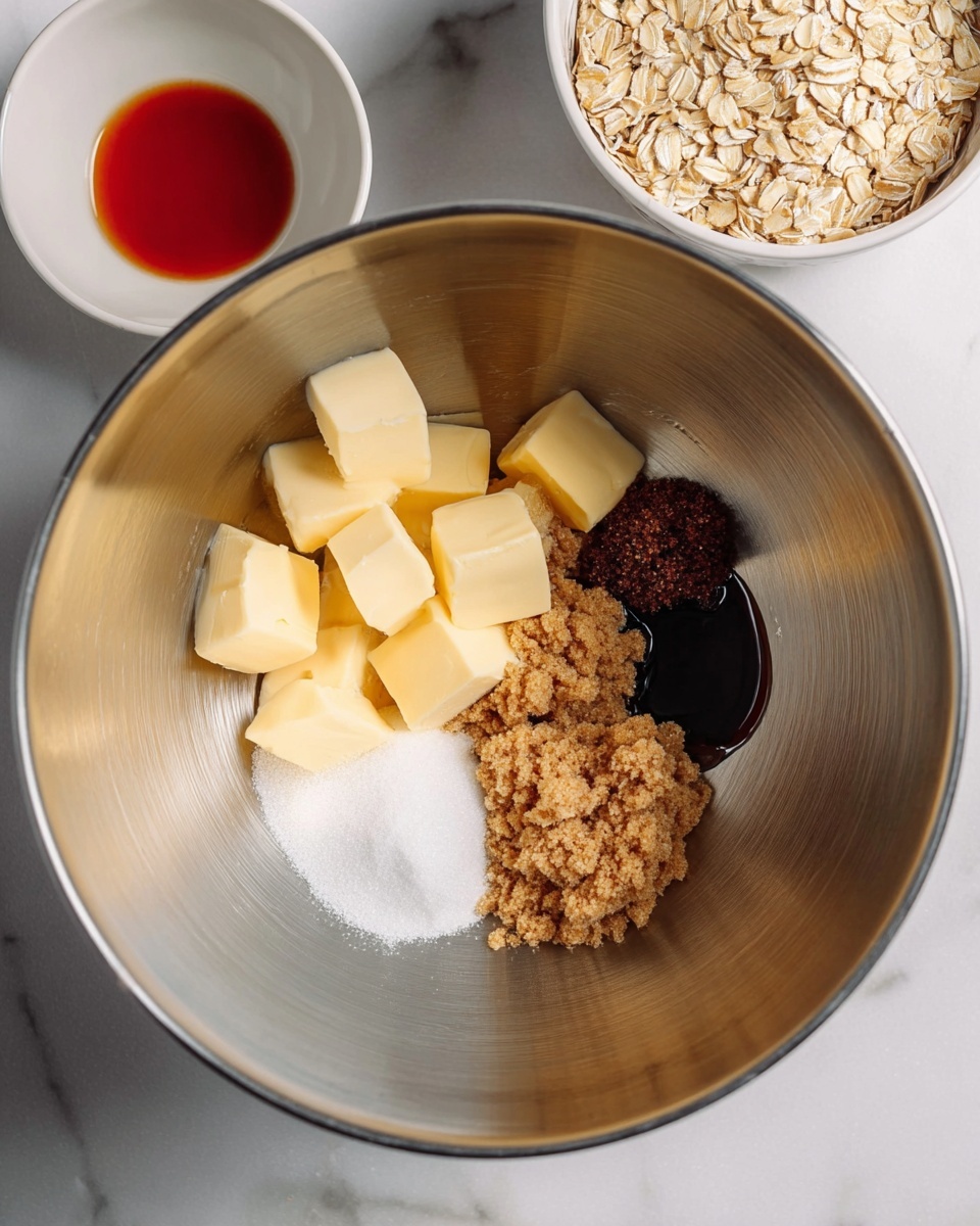 Inside a large silver mixing bowl, there are several ingredients placed in distinct sections: pale yellow butter cut into small cubes, white granulated sugar, dark brown sugar with a crumbly texture, and a small pool of thick dark syrup. In the background, a white bowl filled with oats and another white bowl containing a reddish liquid sit on a white marbled surface. The photo captures the scene from above. photo taken with an iphone --ar 4:5 --v 7