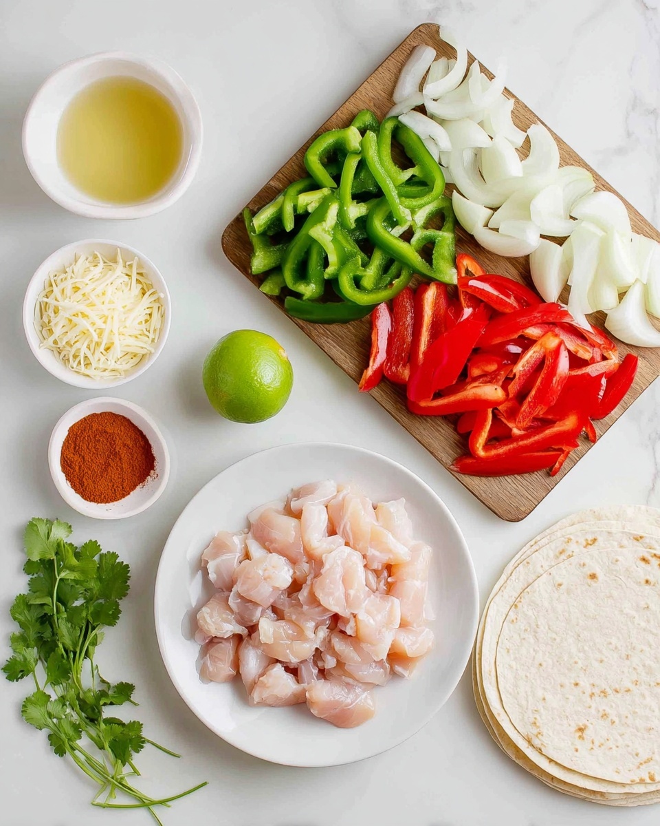The image shows raw ingredients for a meal arranged neatly on a white marbled surface. In the center, there is a white plate holding small, pale pink pieces of raw chicken. Above the chicken, a wooden board displays three piles of sliced vegetables — green bell peppers on the left, white onions in the middle, and red bell peppers on the right. To the left of the chicken plate, there are three small white bowls: one with a light yellow liquid, one with a reddish powder, and one filled with shredded white cheese. To the right of the chicken and below the wooden board, there is a stack of four white tortillas. A half lime and some green cilantro leaves are scattered around for decoration. Photo taken with an iphone --ar 4:5 --v 7