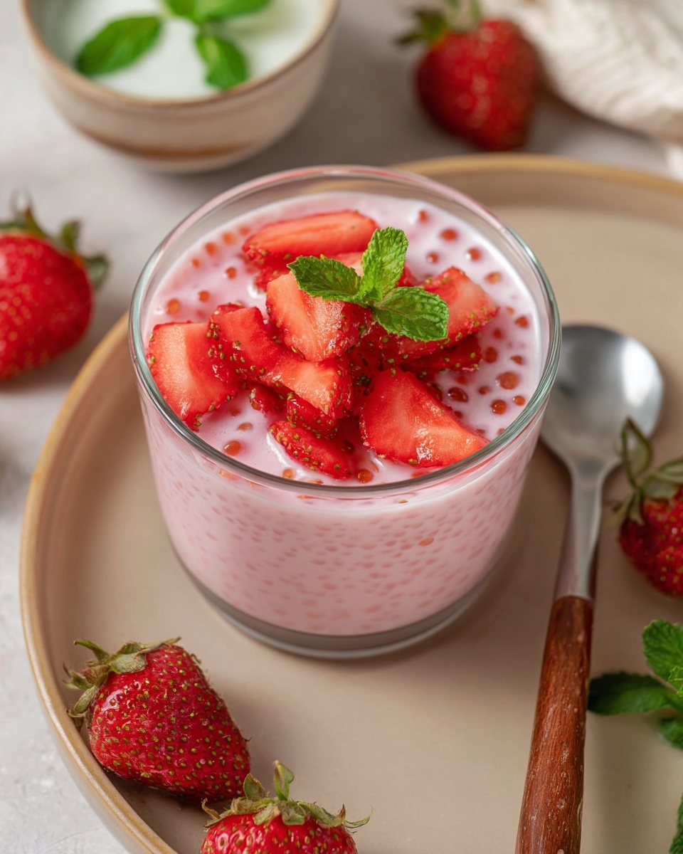 A clear glass cup filled with a creamy pink mixture that has small tapioca pearls visible throughout. On top, there are bright red sliced strawberries arranged in a loose cluster with a few fresh green mint leaves placed for garnish. The glass sits on a beige tray with a wooden spoon that has a silver tip resting beside it. Around the cup, fresh whole strawberries and a white marbled surface are visible, with a small ceramic bowl of white yogurt in the top left corner and a glimpse of fresh green mint leaves behind the cup. Photo taken with an iphone --ar 4:5 --v 7