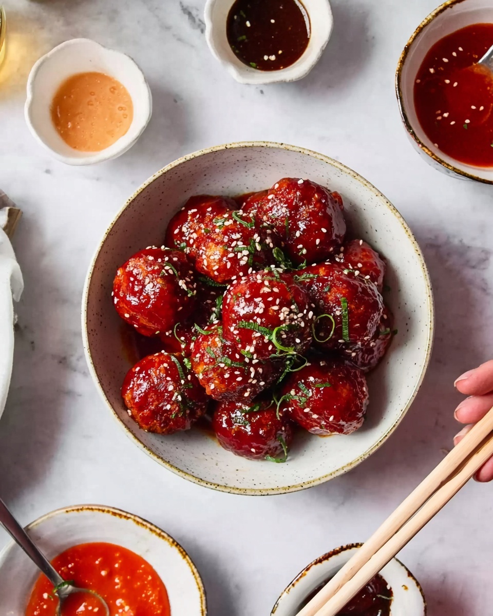 A round white bowl filled with shiny, red glazed meatballs topped with sesame seeds and small green herbs. The meatballs appear juicy and well-coated with the sauce, sitting closely together in the bowl. Surrounding the bowl are small white dishes and containers with different sauces, all placed on a white marbled surface. A woman's hand is partly holding a pair of chopsticks near the bowl. photo taken with an iphone --ar 4:5 --v 7