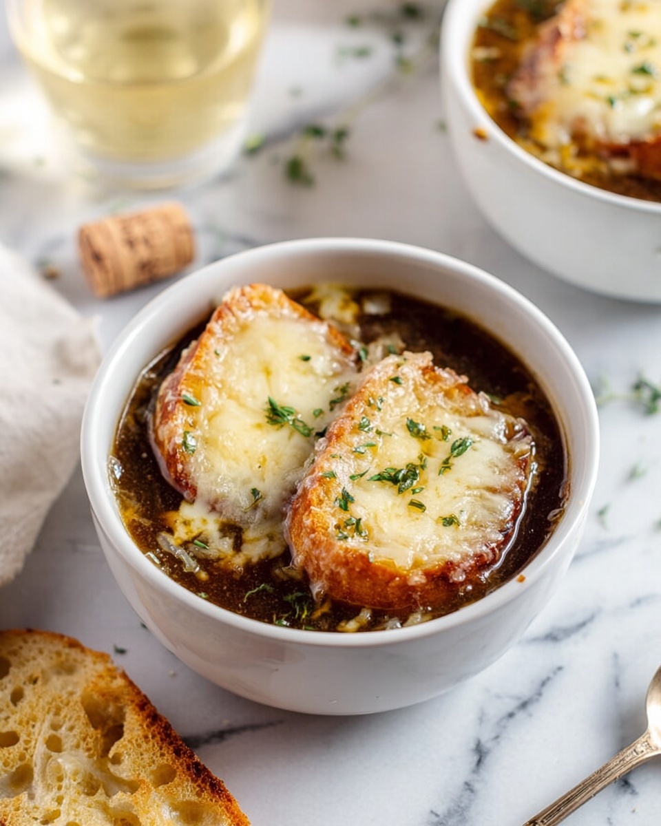 Slow Cooker French Onion Soup Recipe 5 The image shows a white bowl filled with a dark brown onion soup, topped with two pieces of toasted bread covered in melted, golden cheese that has browned slightly at the edges. Tiny green herb leaves are sprinkled on top of the cheese, adding a fresh touch. The bowl is placed on a white marbled surface with a single piece of toasted bread on the side. In the background, there is another bowl with similar soup and bread, and a glass of light yellow liquid along with a cork. The photo taken with an iphone --ar 4:5 --v 7