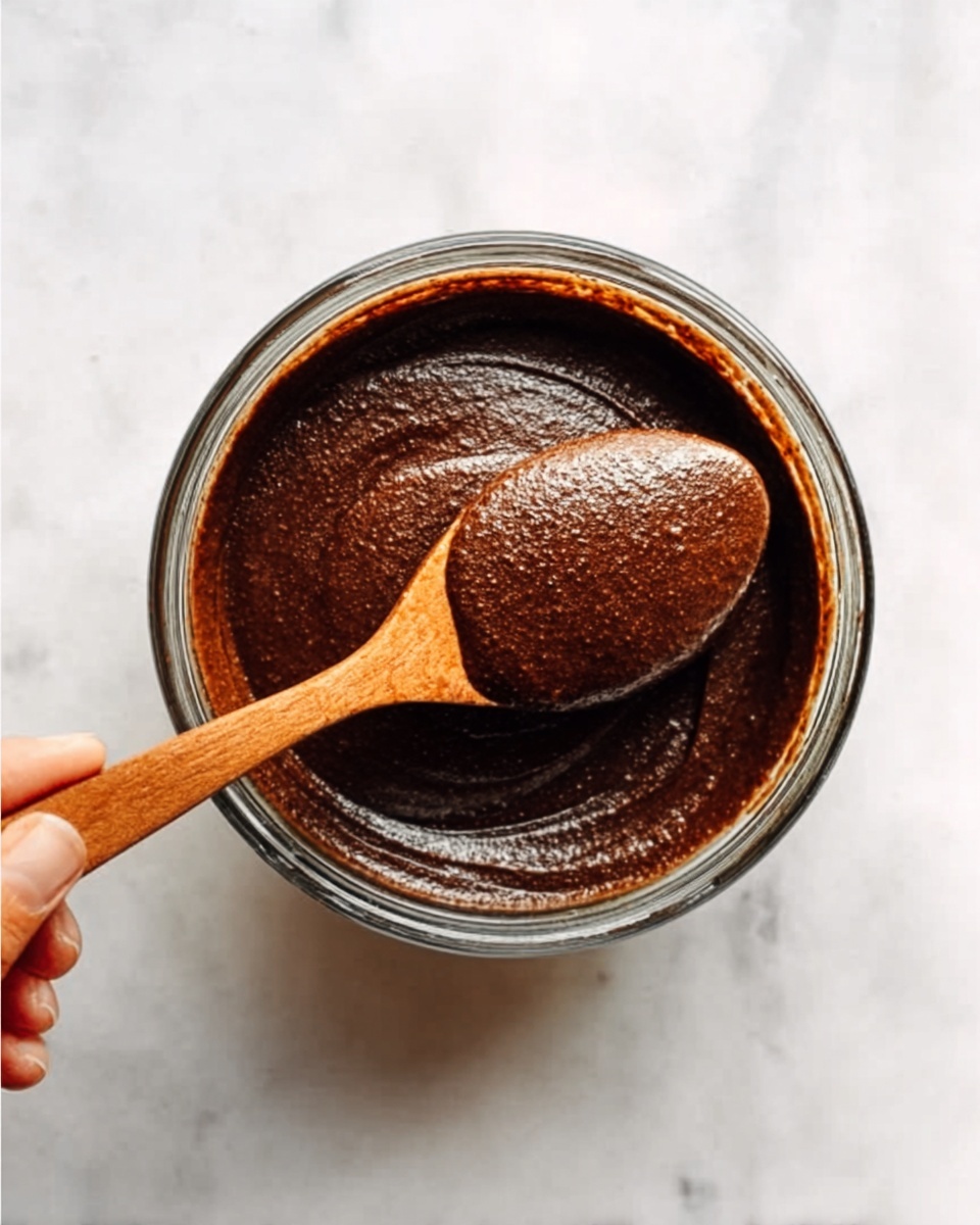 A clear round glass bowl contains a thick, dark brown paste with a smooth and slightly shiny texture. A wooden spoon, held by a woman's hand, scoops some of the paste, showing its dense consistency. The bowl is placed on a white marbled surface, and the lighting highlights the rich color and texture of the paste. photo taken with an iphone --ar 4:5 --v 7
