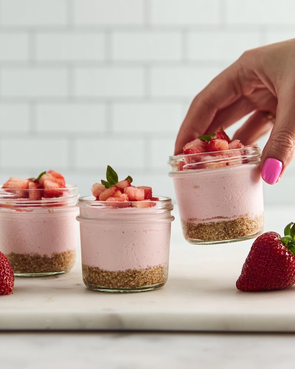 Four clear glass cups are lined up on a white marbled surface. Each cup shows two layers: a bottom layer of crumbly brown texture and a thick, smooth pink creamy layer on top. The top pink layer is lightly swirled and each cup is garnished with small chunks of fresh red strawberries. Two whole strawberries with green leaves are placed on the white marbled surface, one on each side of the row of cups. The background consists of white tiled walls with soft light. photo taken with an iphone --ar 4:5 --v 7
