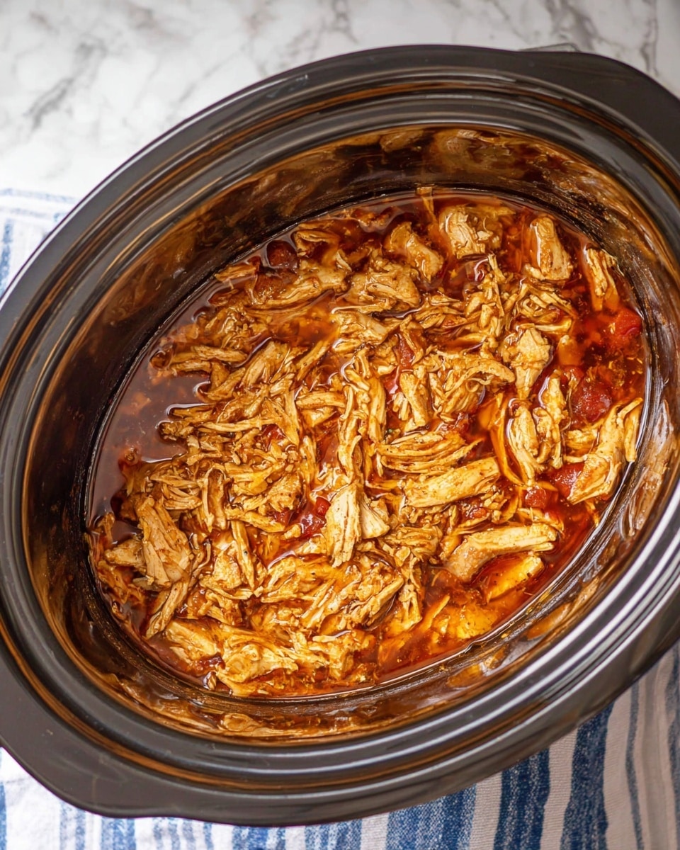 The image shows a close-up view inside a slow cooker filled with shredded chicken soaked in a rich, reddish-brown sauce. The chicken is tender and stringy, with soft layers of meat mixed with colorful bits of the sauce, giving it a glossy and juicy look. The slow cooker has a shiny metal interior reflecting some light, and the whole scene is set against a white marbled surface with a blue and white striped cloth visible on the side. photo taken with an iphone --ar 4:5 --v 7