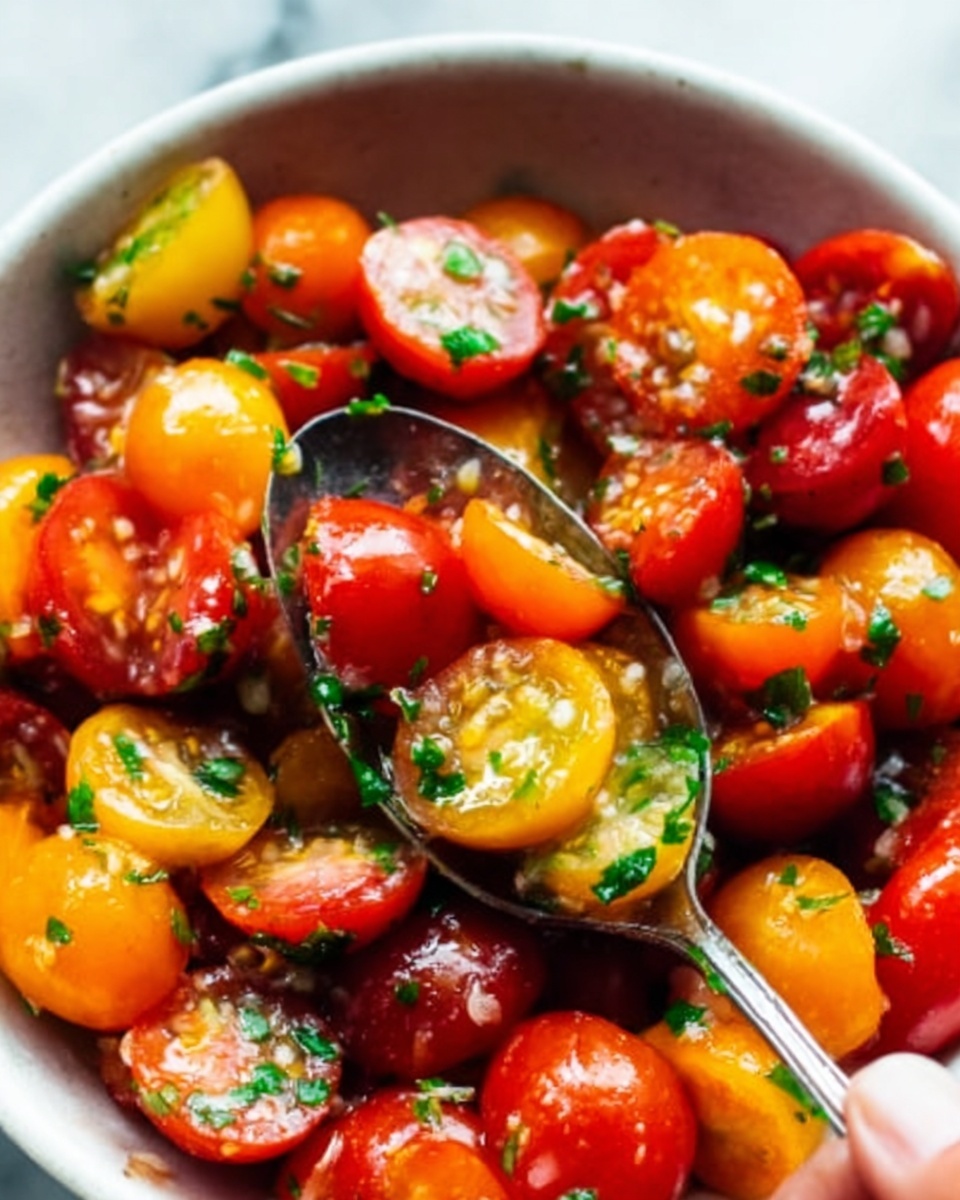 A glass bowl filled with sliced cherry tomatoes in red, orange, yellow, and dark purple colors, all mixed together. The tomatoes have a fresh, moist texture with green chopped herbs sprinkled evenly on top. There is a layer of coarse white sea salt crystals covering the tomatoes, adding a bit of shine and texture. A metal spoon is partially visible, sitting inside the bowl on the left side. The bowl is placed on a white marbled surface. photo taken with an iphone --ar 4:5 --v 7