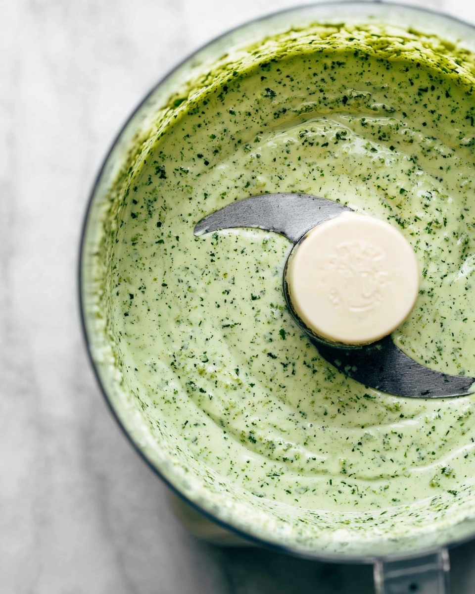 The image shows a close-up of a food processor bowl filled with a light green sauce that has small dark green herb bits spread evenly throughout. The sauce is smooth but has some tiny bubbles on the surface, giving it a slightly foamy look. The blade inside the clear bowl is coated with sauce and positioned diagonally, with the creamy sauce texture visible on it. The whole setup sits on a white marbled surface. photo taken with an iphone --ar 4:5 --v 7