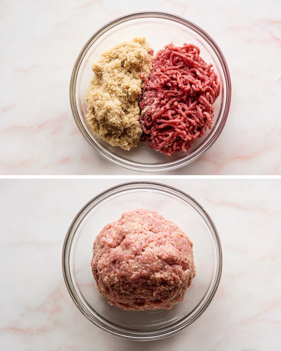 The image shows two clear glass bowls placed on a white marbled surface. The left bowl contains three separate layers of ingredients: the top left layer is a pale beige mixture with a grainy texture, the top right layer is deep red ground meat with fine lines, and the bottom layer is light pink ground meat, also with fine lines. The right bowl shows a single large mixed ball made from the ingredients in the left bowl, presenting a mottled pinkish-beige color with a slightly coarse texture. Photo taken with an iphone --ar 4:5 --v 7