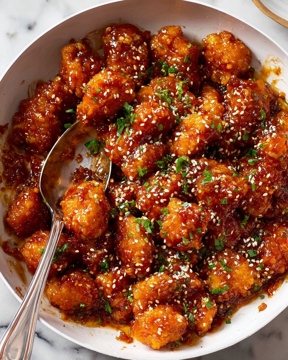 A white bowl is filled with small, crispy, golden-brown fried pieces covered in a thick, shiny reddish-brown sauce. The sauce coats each piece unevenly, adding a sticky texture. The dish is sprinkled with small white sesame seeds and chopped green herbs on top, giving it a fresh pop of color. A silver spoon rests inside the bowl, partially covered by the saucy pieces, all placed on a white marbled surface. photo taken with an iphone --ar 4:5 --v 7