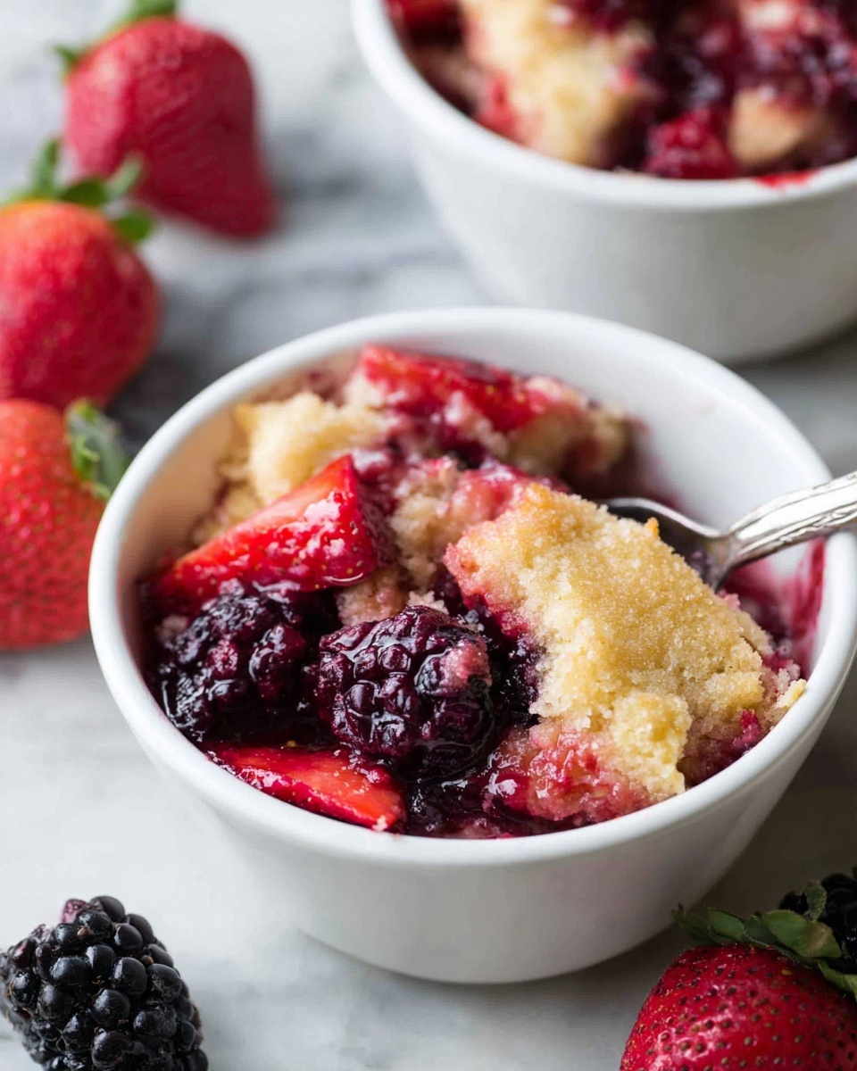 Two white bowls filled with a berry cobbler sit on a white marbled surface. Each bowl holds a mix of soft, spongy, golden-brown cake layer combined with deep red and purple mixed berries, including blackberries and strawberries. The berries look juicy and cooked, blending with the crumbly, slightly browned cake topping. Around the bowls, fresh whole strawberries and blackberries add bright red and black colors. The texture looks soft and moist with a mix of smooth berry sauce and crumbly bread crust. Photo taken with an iphone --ar 4:5 --v 7
