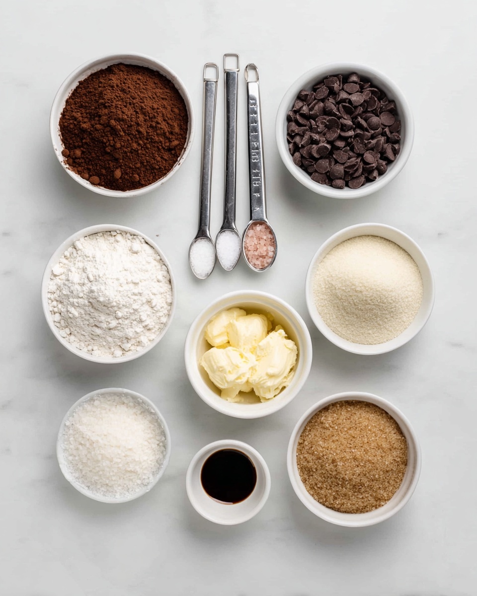 The image shows nine small white bowls and two metal measuring spoons on a white marbled surface. The top left bowl contains fine brown cocoa powder, and to its right is a bowl filled with small dark chocolate chips. Below the cocoa powder is a bowl of white flour with a soft, powdery texture. Next to the flour, in the middle row center, is a bowl of pale yellow creamy butter. To the right of the butter are two metal measuring spoons, one with white salt and the other with pink salt. Below the flour is a bowl of white granulated sugar with a grainy texture. Next to the sugar is a bowl with moist light brown sugar. A small white bowl with a pale liquid is below the brown sugar, and next to it is a bowl filled with a dark liquid, likely vanilla extract. The items are all neatly arranged on the white marbled surface, showing a clear, clean setup. photo taken with an iphone --ar 4:5 --v 7