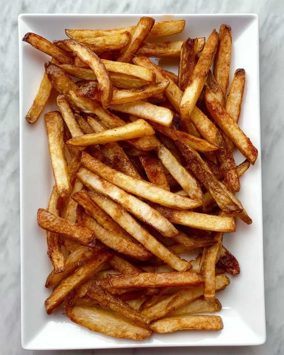 A white rectangular plate is filled with a single layer of golden brown potato fries, each fry showing a crisp texture with some darker edges and natural skin on some pieces. The fries are unevenly shaped, mostly thin and long, spread out to cover the whole plate evenly. The background is a white marbled surface. Photo taken with an iphone --ar 4:5 --v 7