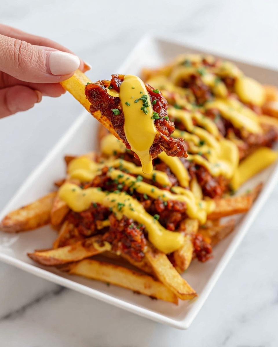 A white rectangular plate is filled with several layers of fries at the bottom with a crispy texture and light golden color. On top, there is a layer of reddish-brown cooked chili that looks thick and chunky. The chili is generously drizzled with a smooth, bright yellow cheese sauce, spread unevenly across the dish. Small green herb pieces are sprinkled on top, adding a touch of color. In the foreground, a woman's hand holds a single fry topped with chili and cheese sauce, showing the layers clearly against a white marbled surface background. photo taken with an iphone --ar 4:5 --v 7