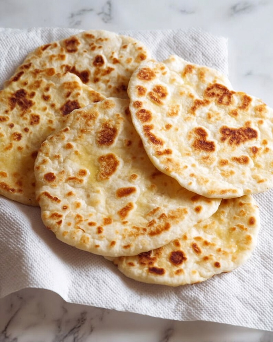 Four round flatbreads with a golden-brown spotted surface are arranged in a loose stack on white paper over a white marbled surface; the flatbreads show soft, uneven textures and light browning on top, with one flatbread partially covering the others underneath. photo taken with an iphone --ar 4:5 --v 7