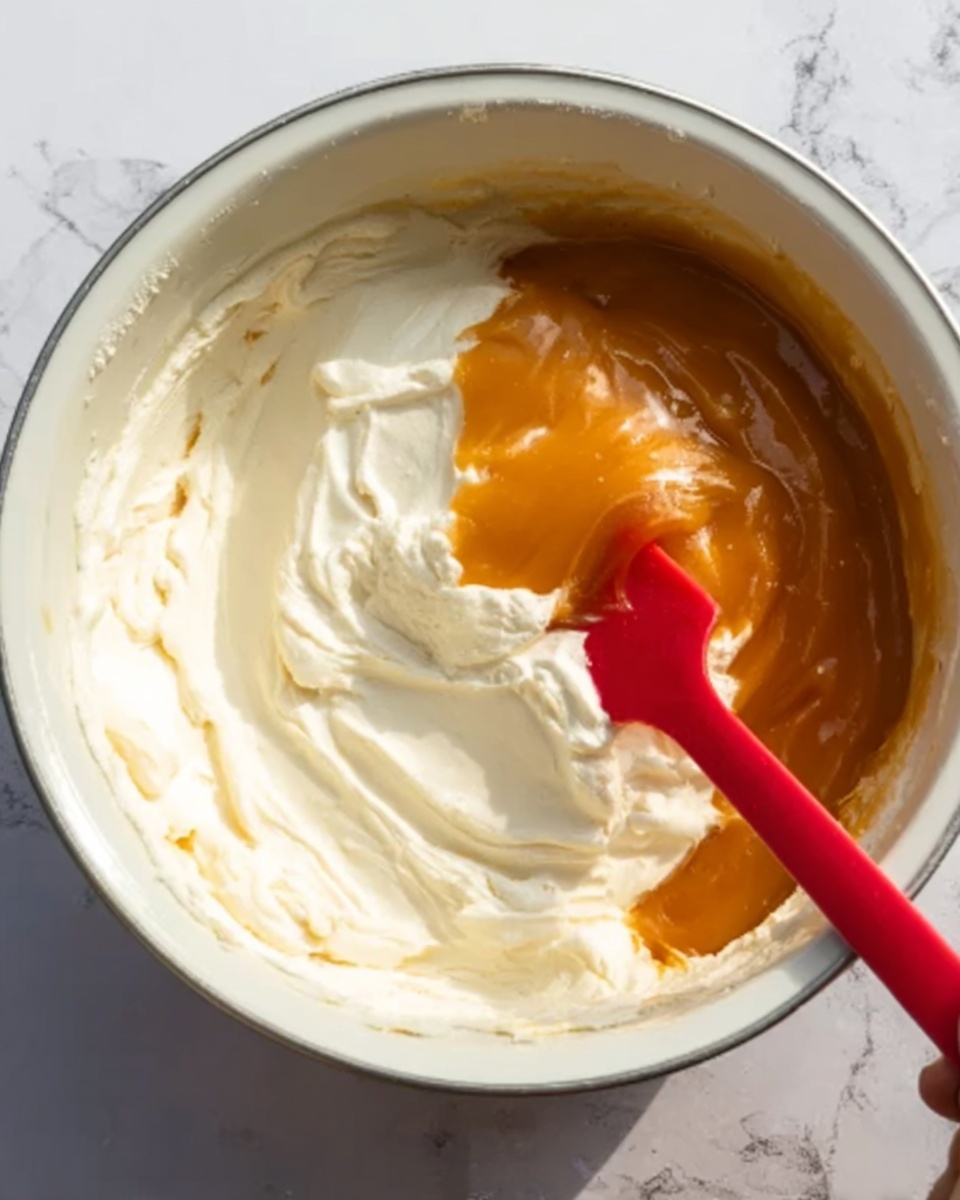 The image shows a white bowl filled with two main layers of food. The bottom layer consists of thick white cream with a smooth and soft texture, covering most of the inside of the bowl. On top of this creamy layer, there is a glossy, orange-colored sauce or topping that sits mostly on one side, creating a strong color contrast. A woman’s hand holds a red spatula, which is partially dipped in the cream and slightly mixing the two layers together. The bowl is placed on a white marbled surface. photo taken with an iphone --ar 4:5 --v 7