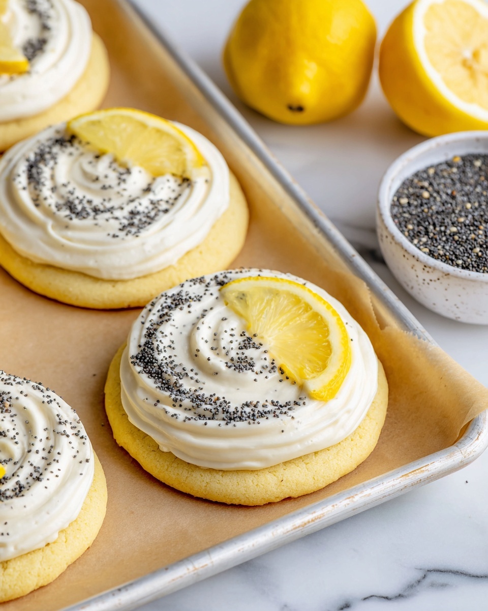 The image shows round lemon cookies placed on a white tray lined with light brown parchment paper; each cookie has two layers: the base is a light yellow cookie with a soft texture, and the top layer is a thick, smooth swirl of white frosting sprinkled with small black poppy seeds. Each cookie is decorated with a bright yellow lemon slice angled on the edge of the frosting. The tray is set on a white marbled surface, with extra lemon slices and a small bowl filled with poppy seeds visible in the background. photo taken with an iphone --ar 4:5 --v 7