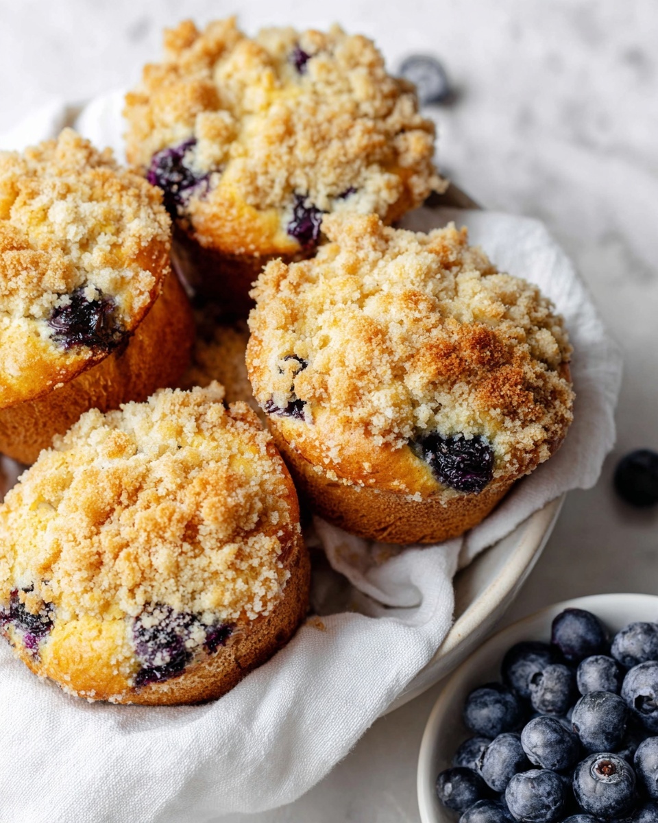 A close-up view of five blueberry muffins with crumbly golden-brown topping, showing the texture of the streusel layer on top. The muffins have a light golden base with visible dark blue spots from the blueberries inside. They are placed inside a white bowl lined with a white cloth, resting on a white marbled surface. On the right side, there is a small white plate filled with fresh, dark blue blueberries. The photo is bright and clear, focusing on the crumb texture of the muffins and the fresh fruit detail. photo taken with an iphone --ar 4:5 --v 7