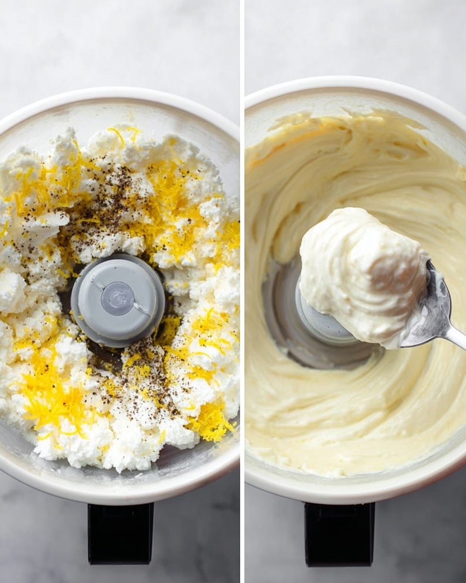 The image shows two close-up views of a white food processor bowl on a white marbled surface. The left side shows the bowl filled with crumbly white cheese, bright yellow lemon zest scattered on top, and a sprinkle of black pepper, all unevenly layered inside the bowl with the processor blade in the center. The right side shows the bowl again, but now the mixture is thick and creamy with a smooth texture, swirling around the blade. A silver spoon held by a woman's hand lifts some of the creamy mixture from the bowl. Photo taken with an iphone --ar 4:5 --v 7
