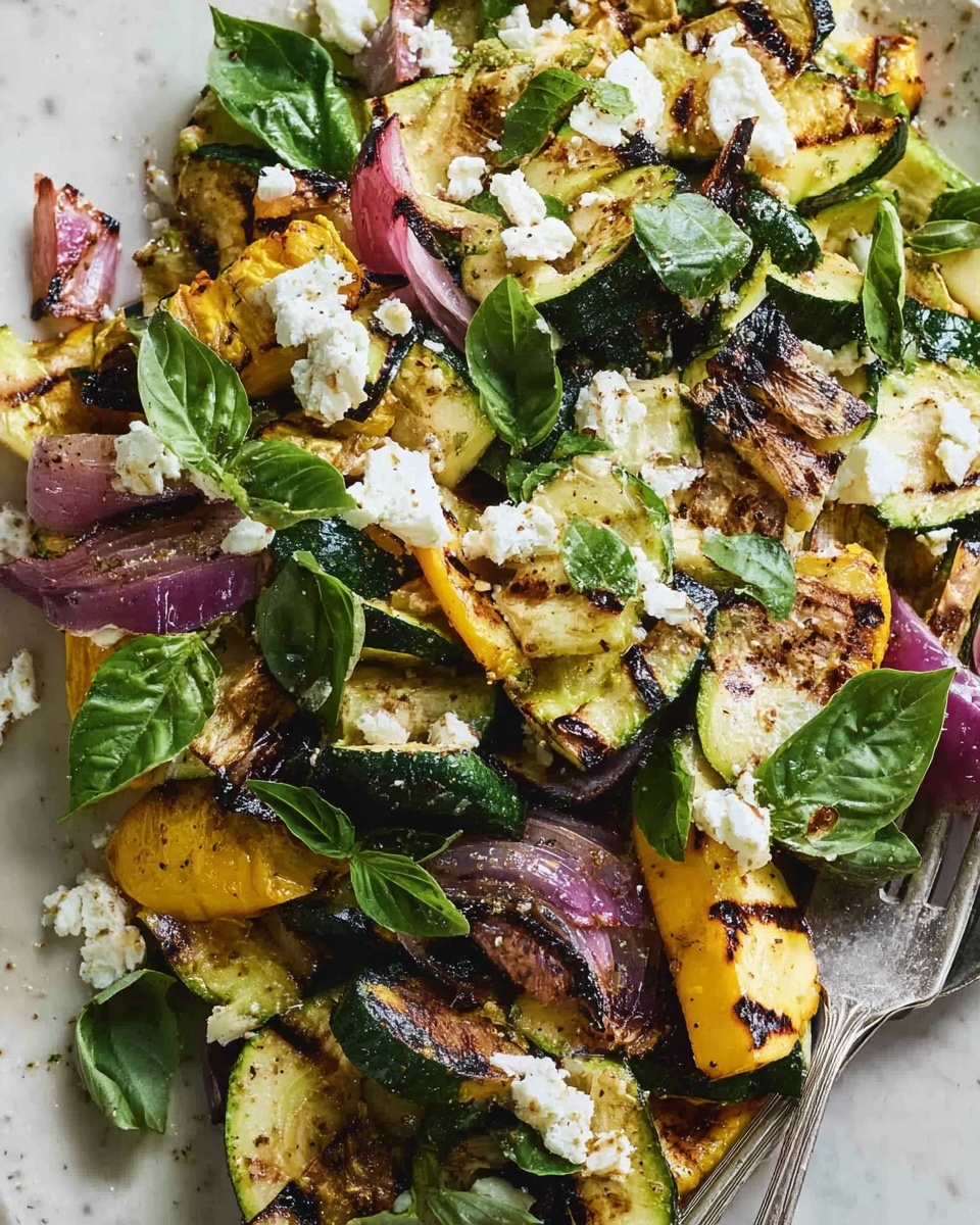 The dish shows a colorful mix of grilled vegetables including green and yellow zucchini and charred red onion pieces, layered with scattered white crumbled cheese. Fresh green basil leaves are spread across the top, adding vibrant pops of color. The vegetables have varying textures, from soft smooth grilled surfaces to slightly crispy charred edges. The ingredients are laid out in a casual, natural way on a white marbled surface. A metal fork is visible on the bottom right side. photo taken with an iphone --ar 4:5 --v 7