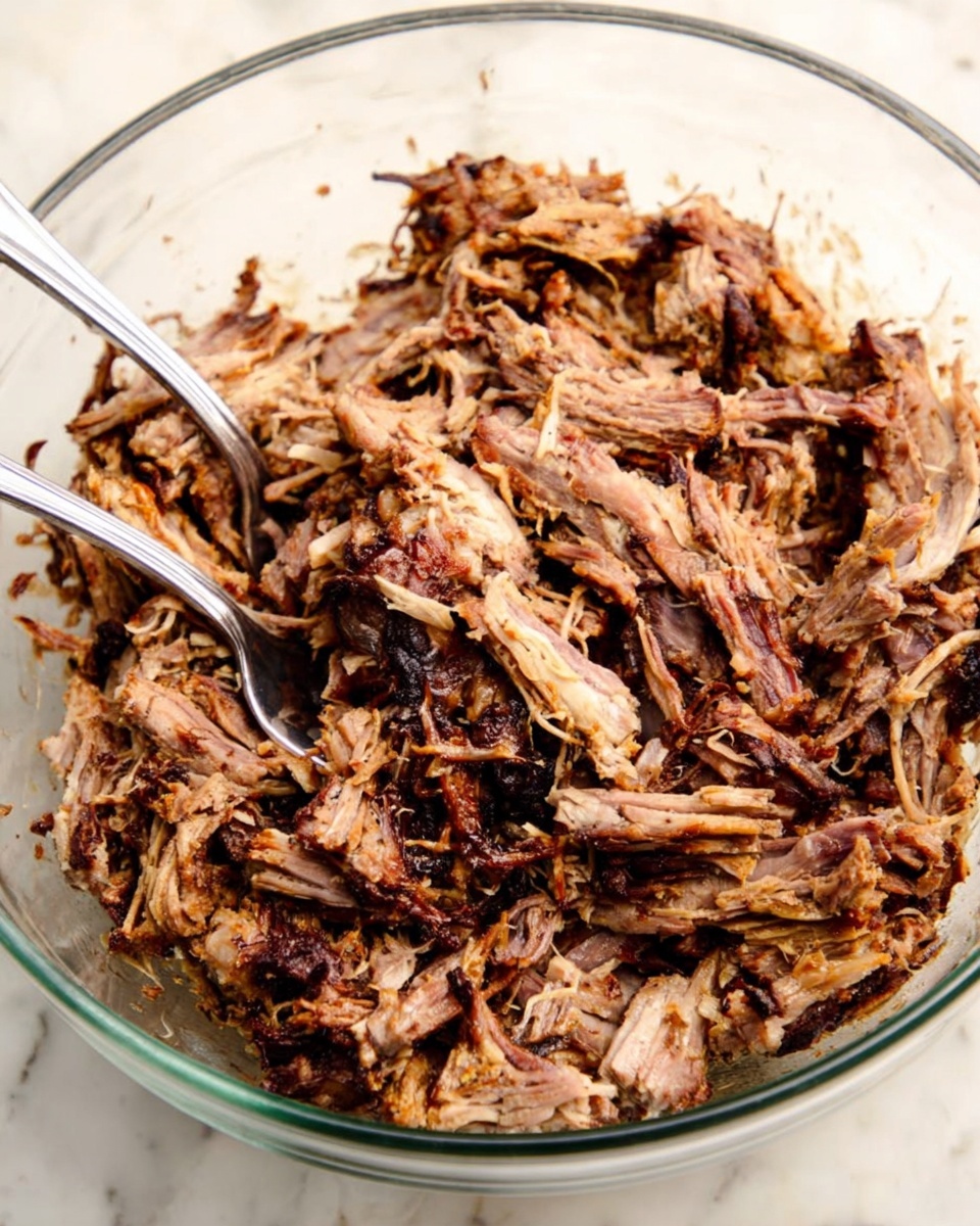 The image shows a large clear glass bowl filled with shredded meat that has a mix of light brown and dark brown colors indicating cooked and slightly crispy parts. The meat strands are varied in size and texture with some showing a fibrous look and others with small bits of charred edges. Two silver forks, one on the left and one on the right, are partially stuck into the meat as if ready to mix or serve. The bowl is placed on a white marbled surface and the overall look is warm and rustic. photo taken with an iphone --ar 4:5 --v 7