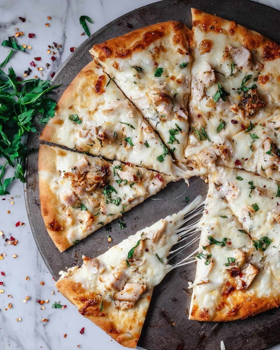 A white pizza with a golden-brown thin crust is sliced into seven pieces on a round dark metal tray. The top layer is mostly melted white cheese with bubbly, lightly browned spots. Scattered on the cheese are small pieces of cooked chicken, fresh green herb leaves, and bits of red pepper flakes. The cheese stretches slightly from one slice that is pulled away from the rest, showing its creamy texture. The tray is placed on a white marbled surface with some red pepper flakes and green herb sprigs around it. Photo taken with an iphone --ar 4:5 --v 7