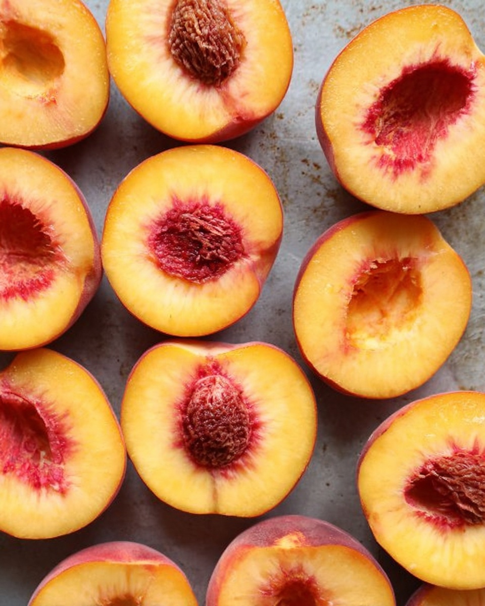 The image shows multiple peach halves arranged closely on a grey metal surface, each peach half displaying a juicy yellow-orange flesh with varying shades of red near the center. Each half contains a rough-textured brown pit in the middle, some intact and some slightly exposed. The peaches show a soft matte skin edge with a mixture of yellow and reddish colors visible on the outer parts of the halves. The arrangement creates a natural pattern with the peach halves placed in irregular rows, emphasizing their fresh and ripe appearance. photo taken with an iphone --ar 4:5 --v 7