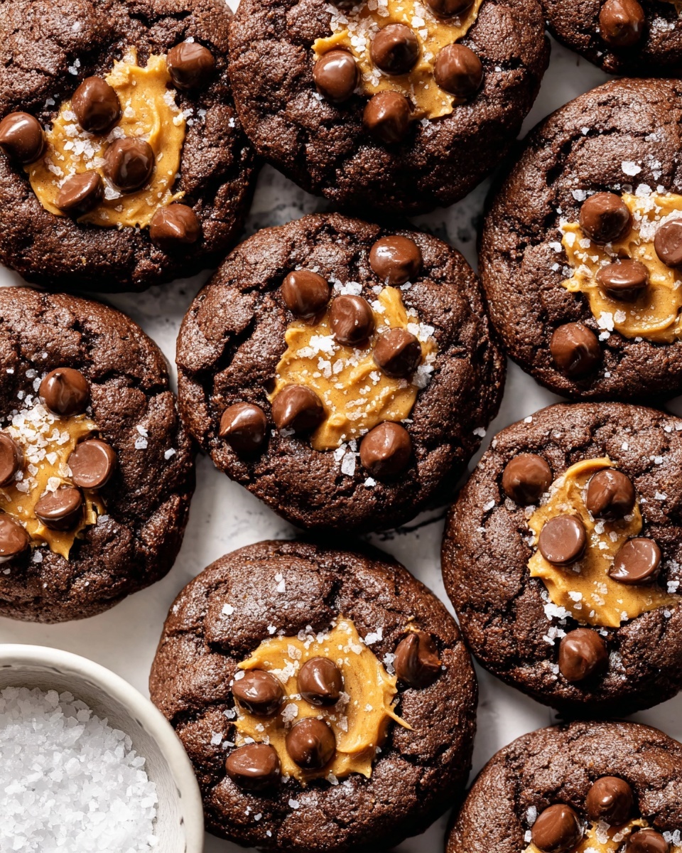 The image shows a group of rich, dark brown chocolate cookies with rough, slightly cracked surfaces arranged closely together on a white marbled background. Each cookie has a central dollop of light tan peanut butter, soft and creamy in texture, partially sunken into the cookie dough. Scattered generously on top of the cookies are glossy, medium-sized milk chocolate chips that create a textured, uneven pattern. Small, white flakes of sea salt are sprinkled over the cookies, adding a contrasting sparkle. In the corner of the image, a white bowl filled with flaky sea salt sits partly visible. The photo taken with an iphone --ar 4:5 --v 7