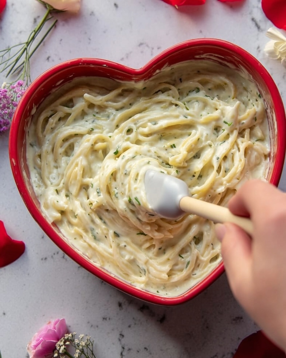 A heart-shaped red pot filled with creamy white mashed potatoes mixed with small green herb pieces, showing a smooth and slightly textured surface with gentle swirls made by a spatula held by a woman's hand. The pot is placed on a white marbled surface with red and pink rose petals and small flowers scattered around it, adding a romantic feel. The texture of the mashed potatoes looks soft and thick, with visible flecks of green herbs throughout, and the spatula has a light-colored handle with a white silicone head gently stirring the mash. Photo taken with an iphone --ar 4:5 --v 7