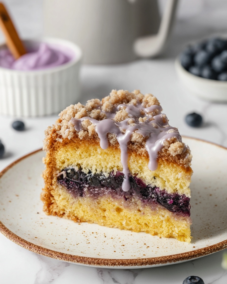 A single slice of layered cake sits on a white plate with a speckled brown edge. The cake has three visible layers: the bottom layer is a thick, dense yellow cake; above it is a dark purple-blue berry filling; the top layer is a crumbly, light brown streusel with a pale purple glaze drizzled over it, creating a shiny texture. The background is a white marbled surface with scattered blueberries, a small bowl of purple cream with a wooden spoon, and part of a white dish and a gray container blurred in the background. photo taken with an iphone --ar 4:5 --v 7
