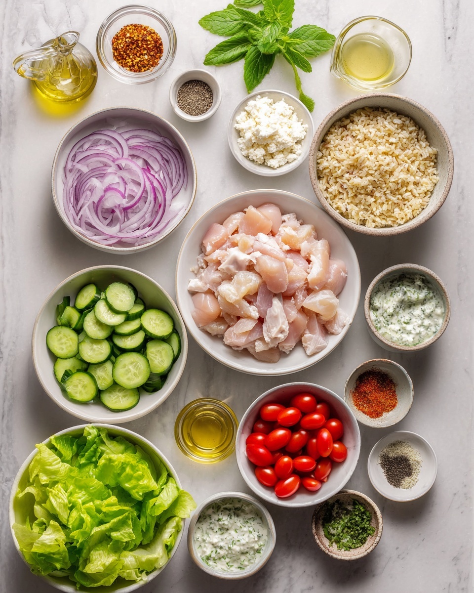 A top-down view of several white bowls arranged on a white marbled surface, each filled with different fresh ingredients. The largest bowl at the bottom left holds bright green chopped lettuce. To the right is a bowl with light brown cooked rice. At the center is a large white bowl with raw, pale pink chicken pieces. Above this is a bowl of thinly sliced pale purple onions. To the left of the onions is a bowl filled with neatly sliced green cucumber rounds, and below that a bowl with halved bright red cherry tomatoes. A bowl with white creamy sauce with green herbs sits to the right of the lettuce. Smaller bowls and cups scattered around contain white crumbly cheese, various finely ground spices in shades of light brown, reddish-orange, and black, a clear liquid, and olive oil in a glass container with a spout. Fresh green mint leaves are also seen near the top center. The whole scene is bright with natural light, highlighting the fresh textures and colors. Photo taken with an iphone --ar 4:5 --v 7