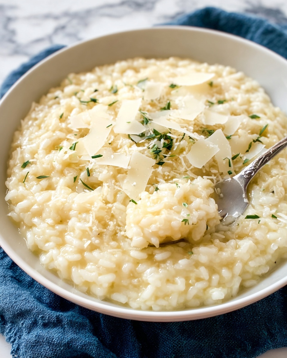 A white bowl filled with creamy, pale yellow risotto that has a soft and slightly shiny texture. On top, there are thin, light beige cheese shavings scattered around the middle of the dish, mixed with small bits of green herbs. A silver fork is scooping up some risotto on the right side of the bowl. The bowl is placed on a blue cloth on a white marbled surface. photo taken with an iphone --ar 4:5 --v 7