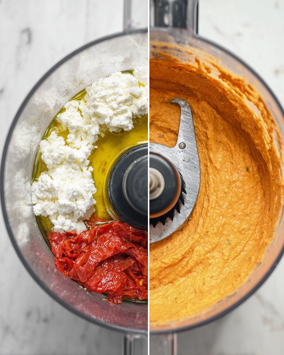 The image shows a two-part view inside a clear food processor bowl on a white marbled surface. On the left side, the bowl contains three main layers: a pile of white crumbly cheese on the upper left side, golden yellow olive oil covering the right side, and bright red roasted peppers gathered at the bottom. The plastic food processor blade holder is centered and dark gray. On the right side, the ingredients are blended into a thick, smooth, orange-colored paste with a slightly uneven texture, still inside the clear bowl, with the dark plastic food processor blade holder visible in the center. Photo taken with an iphone --ar 4:5 --v 7