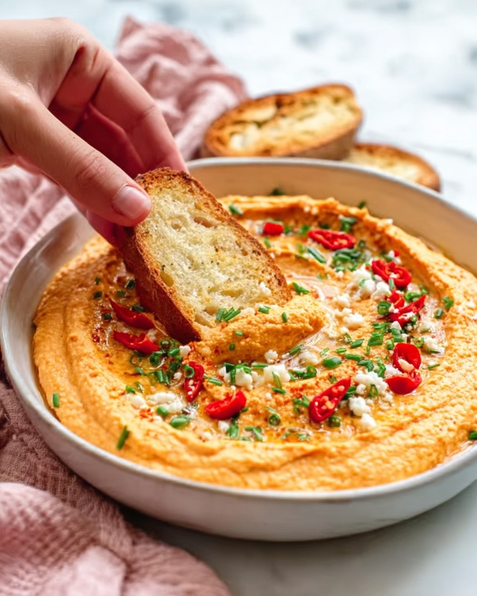 A close-up image of a woman's hand dipping a piece of toasted bread into a bowl of orange hummus. The hummus is smooth with a slightly creamy texture and is spread evenly in a shallow white bowl. It is decorated with small pieces of red chili and finely chopped green herbs placed in neat rows on top. The background shows a white marbled surface with a soft pink cloth partially visible. Photo taken with an iphone --ar 4:5 --v 7