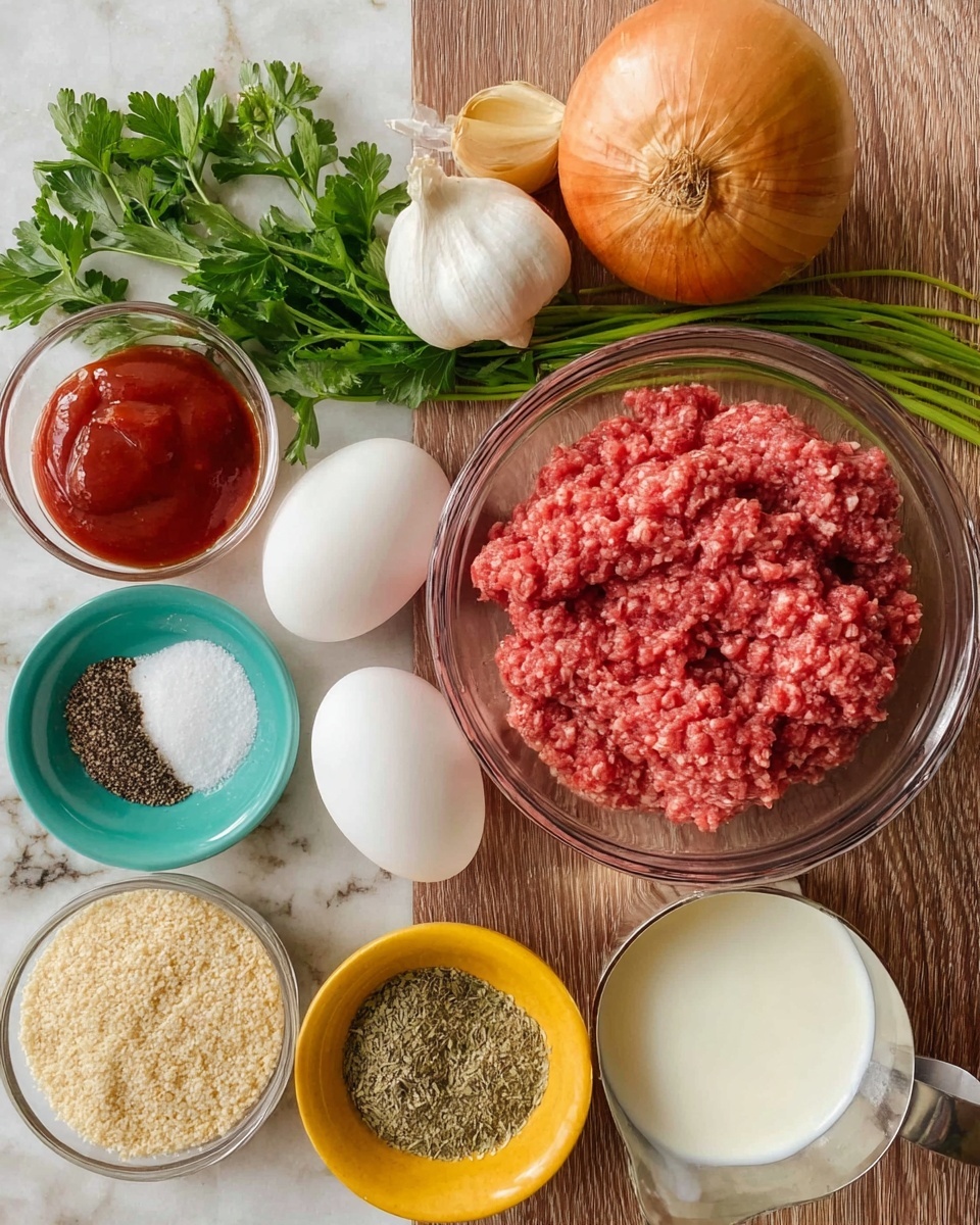 The image shows a clear glass bowl filled with raw ground meat placed at the top right on a wooden surface. Surrounding it are two white eggs below the bowl and a bundle of green parsley next to the eggs. Above the eggs, there is a whole brown onion and two garlic cloves. To the left of the eggs, a small clear bowl holds ketchup, and below that is a small turquoise bowl with black pepper. Next to the pepper on the right is a white bowl filled with light brown breadcrumbs. Below the breadcrumbs is a wooden bowl with white salt. On the bottom right, a yellow bowl holds dried herbs, and next to it, a metal measuring cup contains milk. The background is a white marbled surface. Photo taken with an iphone --ar 4:5 --v 7