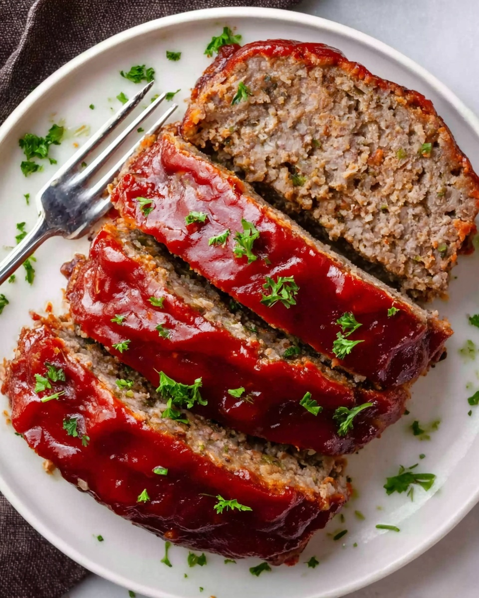 A white plate with three thick slices of meatloaf, each covered with a shiny red sauce on top, sprinkled with small green parsley leaves. The meatloaf shows a soft, crumbly texture inside with a brownish-gray color. The sauce layer is smooth and glossy, draping over the top and sides of the slices. A fork rests on the left side of the plate, and the plate is placed on a white marbled surface. Photo taken with an iphone --ar 4:5 --v 7