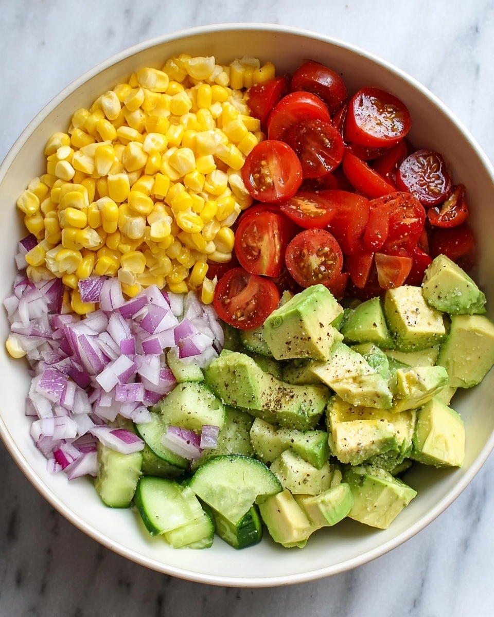 This dish has five layers in a white bowl on a white marbled surface. The top left layer is bright yellow corn cut into small pieces with a shiny texture. The top right layer is made of halved red cherry tomatoes, showing their juicy insides. The middle layer in the center is finely chopped red onions with a shiny, slightly wet look. The bottom left layer is light green cucumber pieces with a fresh and slightly rough skin. The bottom right layer is made of creamy light green avocado cubes with a smooth texture and drizzled with olive oil and sprinkled with black pepper. photo taken with an iphone --ar 4:5 --v 7
