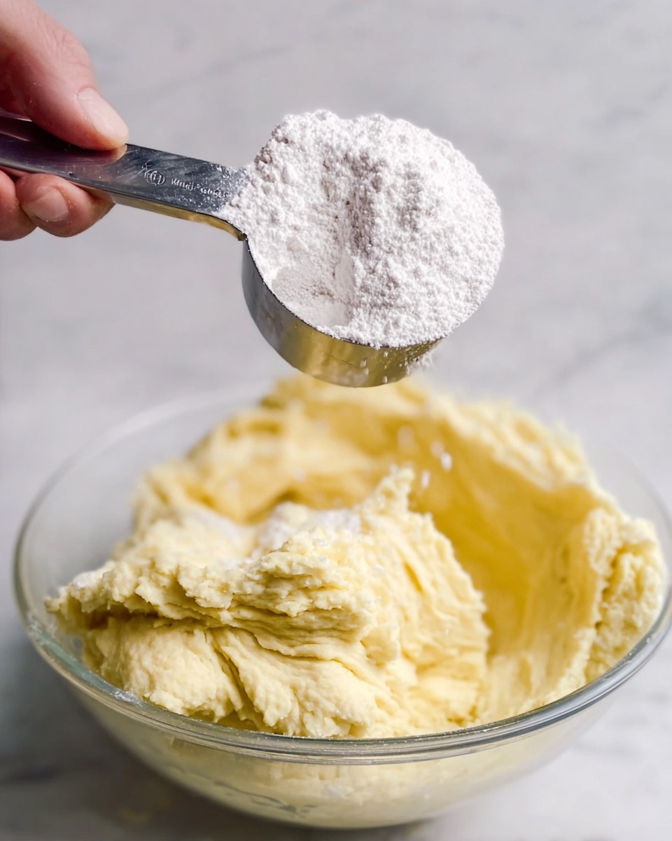 A close-up shot shows a transparent bowl with thick, pale yellow dough inside, which looks soft and creamy. Above the bowl, a woman's hand holds a metal measuring cup filled with fine, white flour, ready to pour it in. The background is a white marbled surface. photo taken with an iphone --ar 4:5 --v 7