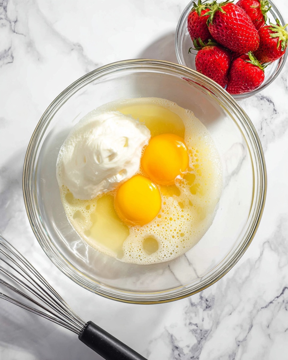 A clear glass bowl sits on a white marbled surface containing two bright yellow egg yolks surrounded by translucent egg whites, a dollop of smooth white cream on the left side, and light beige liquid spread around with small bubbles on top. To the top right of the bowl, there is a small clear bowl filled with fresh red strawberries with green tops. In the lower left corner, a metal whisk with a black handle lies on the white marbled surface. photo taken with an iphone --ar 4:5 --v 7