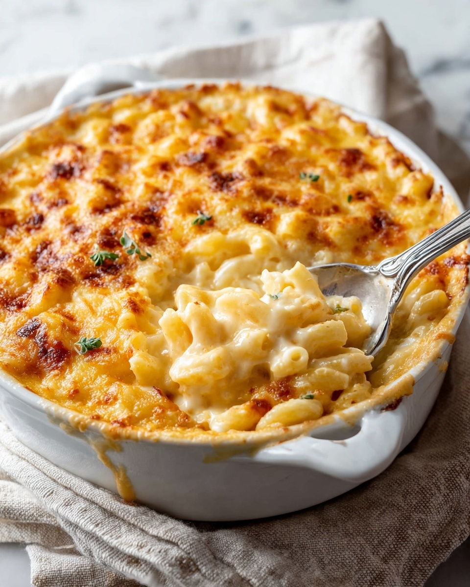 A white oval ceramic dish filled with baked macaroni and cheese that has a golden brown, slightly crispy cheese layer on top with some darker browned spots. The interior layer shows creamy, soft elbow macaroni pasta coated heavily in rich, melted cheese that looks smooth and creamy. A silver spoon scoops up a portion from the dish, showing the creamy pasta texture under the browned top. The dish sits on a soft beige cloth on a white marbled textured surface, with blurry stacked white plates in the background, photo taken with an iphone --ar 4:5 --v 7