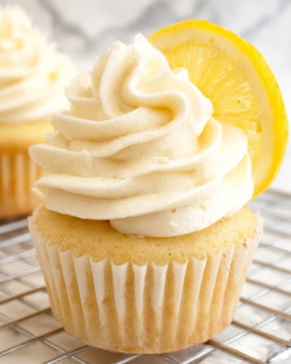 A close-up view of two small cupcakes with three layers: the bottom layer is a light yellow, soft, and moist cake with small air holes; the middle layer is the white paper cupcake holder, slightly opened; the top layer is a thick swirl of smooth, white frosting, with a creamy texture. Behind the cupcakes, there is a lemon slice with a bright yellow color and juicy texture. All items rest on a white marbled surface, giving a clean and fresh look. photo taken with an iphone --ar 4:5 --v 7
