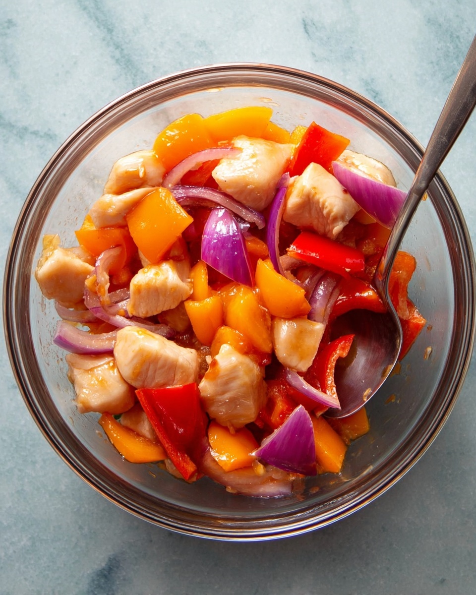 A clear glass bowl sits on a white marbled surface, filled with a mix of raw chicken pieces that are light beige and slightly shiny from a marinade. Among the chicken are chunks of bright orange bell peppers and thick slices of red bell peppers. There are also purple-red onion segments with light inner layers visible. A metal spoon rests inside the bowl on the right side. The bowl's round shape and the mix of colorful ingredients create a fresh and vibrant look. photo taken with an iphone --ar 4:5 --v 7