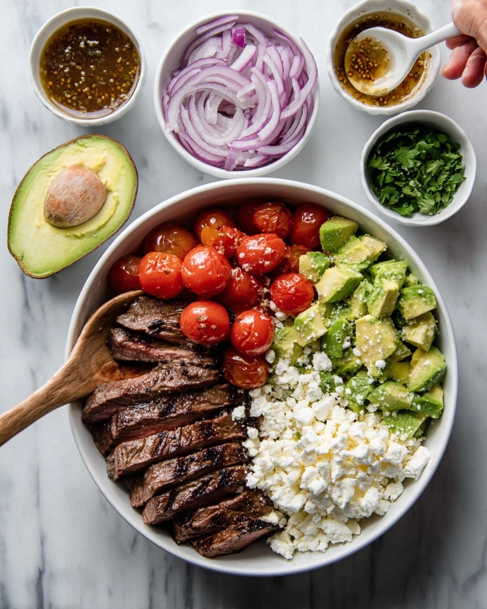 The image shows a white bowl filled with four main layers arranged side by side. One layer has sliced grilled steak with a dark brown color and visible grill marks. Next to it are bright red cherry tomatoes that look roasted. Another layer shows small diced pieces of green avocado, and the last layer holds small white crumbled cheese. Around the bowl, there are five small white bowls placed on a white marbled surface: one with half an avocado showing its brown pit, one with thinly sliced purple onions, one with a brown dressing with seeds floating in it, one with white crumbly cheese, and one with chopped green herbs. A woman's hand holds a white wooden spoon above the bowl. Photo taken with an iphone --ar 4:5 --v 7