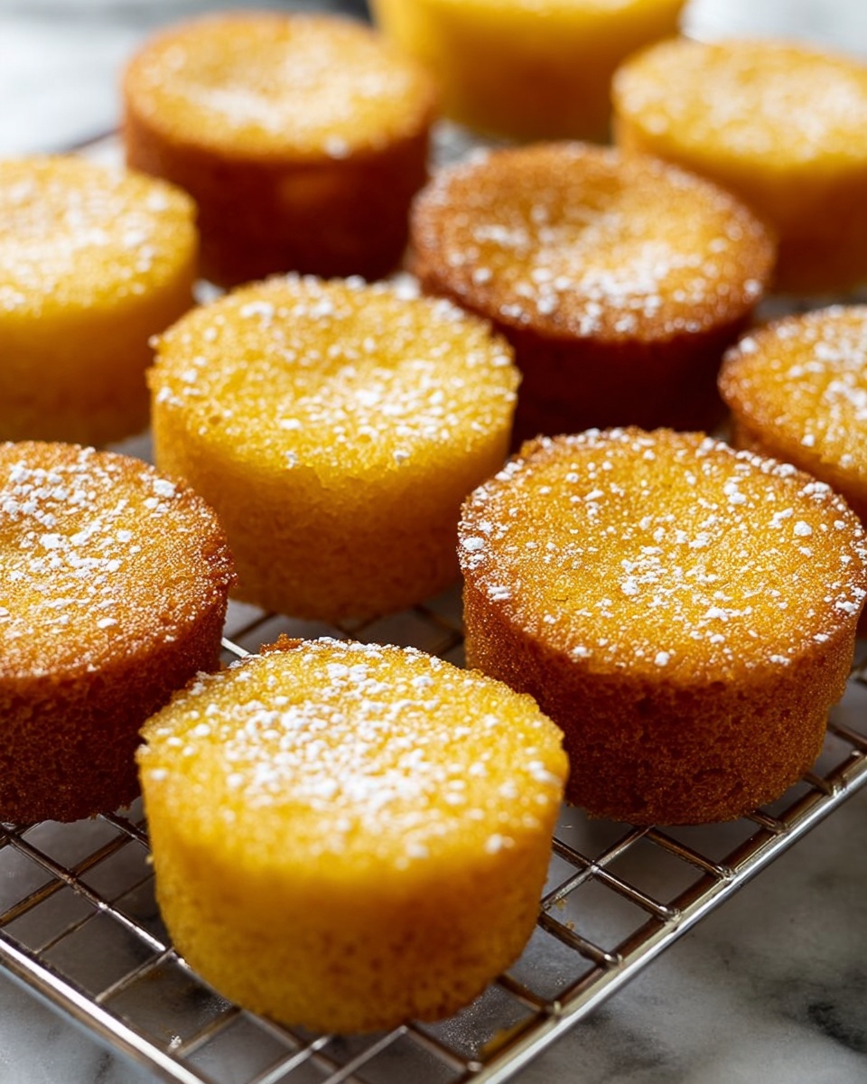 Several small, round golden cakes sit closely together on a metal cooling rack. The cakes have a slightly textured, soft-looking top sprinkled lightly with white powdered sugar, giving a subtle contrast to their warm, rich yellow-brown color. Each cake has smooth edges and is uniform in size, showing a moist and delicate crumb texture. The rack is placed on a white marbled surface, adding a clean and bright background to the warm tones of the cakes. photo taken with an iphone --ar 4:5 --v 7
