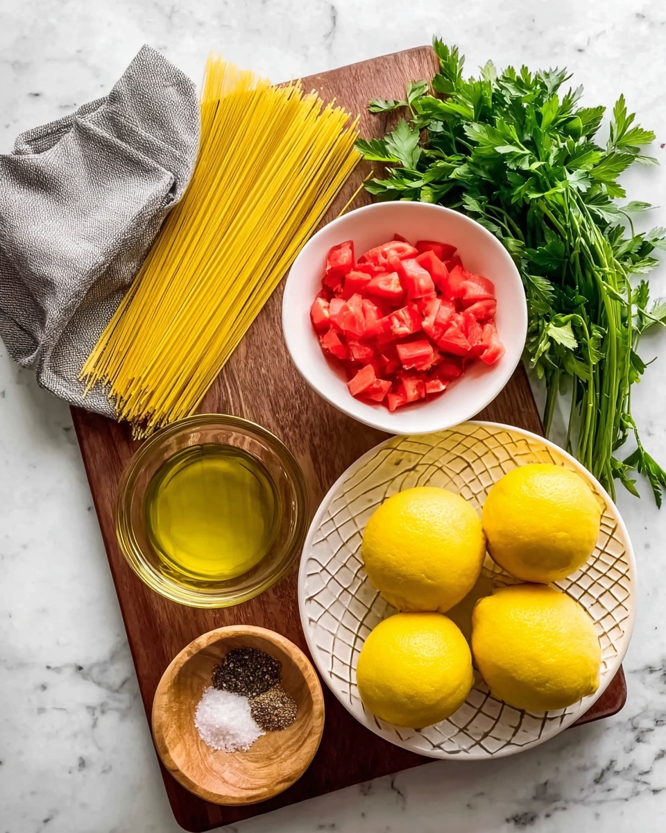 A wooden board on a white marbled surface holds several ingredients arranged neatly. On the left, a gray cloth pouch slightly open shows dry yellow spaghetti sticks inside. Next to it, a small white bowl contains bright red tomato pieces. A small wooden bowl beside it holds salt and black pepper. Below is a small clear glass container filled with golden olive oil. To the right, a white plate with a lattice edge holds four bright yellow whole lemons. Fresh green parsley rests above the plate, adding a splash of leafy color. Photo taken with an iphone --ar 4:5 --v 7