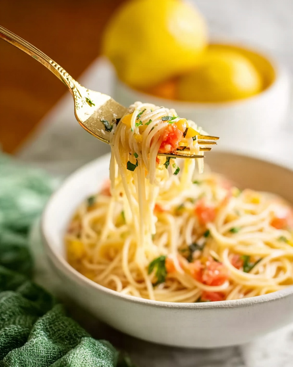 A close-up of a gold fork lifting a bite of spaghetti from a white bowl filled with pasta. The pasta is pale yellow, mixed with small pieces of orange tomato and green herbs, giving a fresh look. In the background, two lemons sit in a white bowl, and a green cloth is partially visible on a white marbled surface. The lighting is soft and natural, highlighting the shiny texture of the noodles and the fresh ingredients in the pasta. photo taken with an iphone --ar 4:5 --v 7