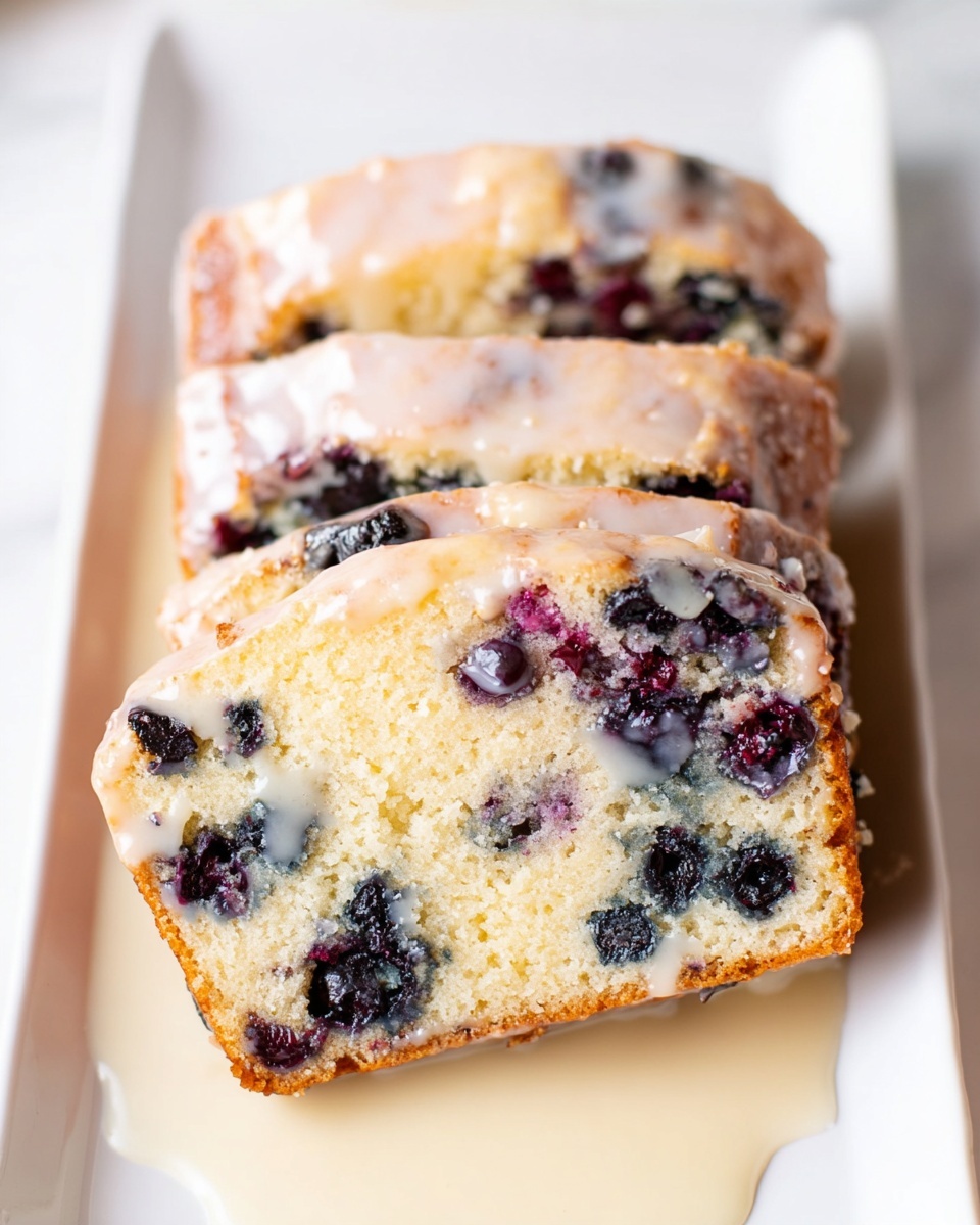 The image shows three slices of blueberry cake stacked on a white rectangular plate, placed on a white marbled surface. The cake layers are light golden brown on the edges with a soft, moist inside beige layer filled with dark purple and blue blueberries scattered throughout. A light glaze drips gently over the top of the slices, adding a shiny texture. The plate holds a creamy sauce pooling beneath the cake, giving a smooth off-white contrast to the textured cake. photo taken with an iphone --ar 4:5 --v 7