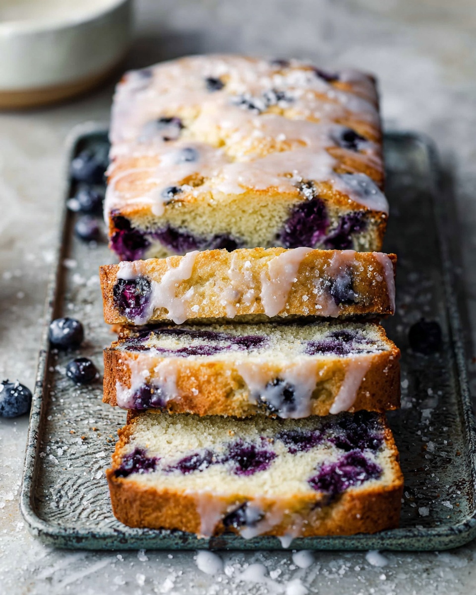 A loaf of blueberry bread sliced into four pieces lies on a textured gray baking tray, which rests on a white marbled surface. The bread has a light golden-brown crust with a soft, pale interior dotted with dark purple blueberries that appear juicy and baked through. A light drizzle of white icing is scattered on top and partially runs down the sides of the loaf and slices, adding a glossy, slightly textured layer. There are some coarse sugar crystals sprinkled on the top crust and around the tray, enhancing the rough texture. The background is softly blurred with a hint of a white bowl. photo taken with an iphone --ar 4:5 --v 7